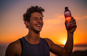 young athlete holding a bottle of sports drink at sunset