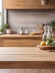 Wooden table on blurred kitchen bench background. Empty wooden table and blurred kitchen background
