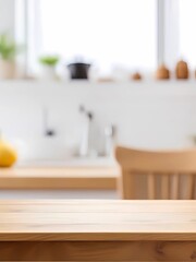 Wooden table on blurred kitchen bench background. Empty wooden table and blurred kitchen background

