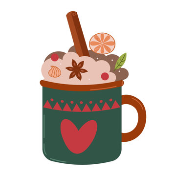 Vector picture cute mug with hot cocoa or coffee