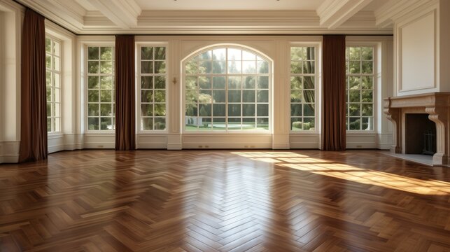 Expansive room with a stylish chevron pattern parquet floor made of mahogany wood. The luxurious design exudes elegance and sophistication, creating a grand and opulent atmosphere