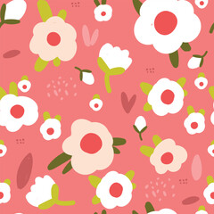 Cute flowers, leaves, dots on peach background, seamless pattern. Creative children's urban texture for fabric, packaging, textiles, wallpaper, clothing.