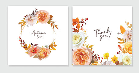 Fototapeta na wymiar Fall flowers bouquet cards set. Watercolor vector floral illustration. Wedding invite, Thanksgiving, thank you template design. Peach, yellow, orange rose, dahlia, red berries, eucalyptus leaves frame