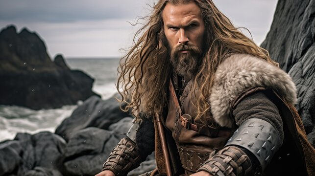 Intense viking warrior on rocky shoreline, waves crashing