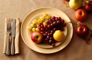 Naklejka na ściany i meble Plate of fruit, fresh apples and grapes served.