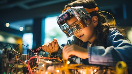 tech-savvy teen: girl with goggles assembling electronics circuit at science center