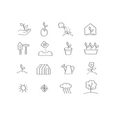 Hand drawn icon set. Gardening, planting, farming, greenhouse, sprouts, plant care, weather.