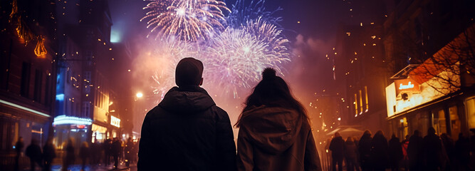 A couple watching New Year's Eve Fireworks in the city center. Firework explosion in the night sky celebrating New year.