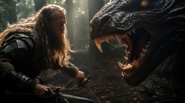 Viking warrior engaged in a fierce battle with a mythical dragon in a dark forest. Rays of sunlight pierce through the canopy, adding to the foreboding atmosphere
