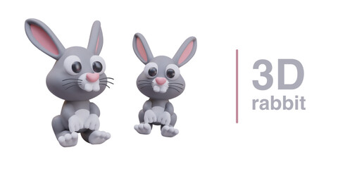 Fototapeta premium Placard with cartoon hares in different positions and sizes. Chinese zodiac symbol. Funny fluffy gift, toy for children. Vector illustration in 3D style with place for text