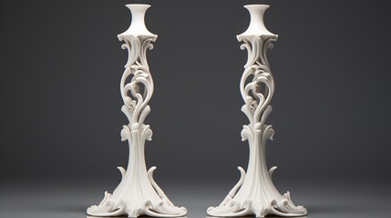 pair of elegant candlesticks, their intricate designs rendered in detail, standing symmetrically on a pure white surface.