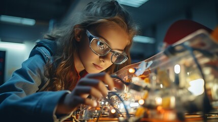 tech-savvy teen: girl with goggles assembling electronics circuit at science center