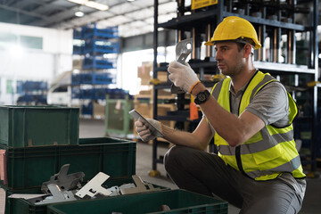Storage warehouse and manufacturing concept. Male warehouse worker working with tablet and inspecting quality for auto spare parts at warehouse - obrazy, fototapety, plakaty