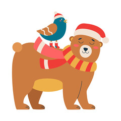 Set of Christmas bear with a red hat and scarf, birds in red hat.