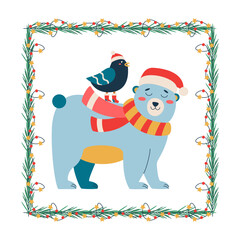 Set of Christmas bear with a red hat and scarf, birds in red hat, frame.