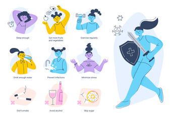 Tips for boosting the immune system with a cartoon female character. Healthy lifestyle and immunity support. Vector info graphics with flat illustrations isolated on a white background. - obrazy, fototapety, plakaty