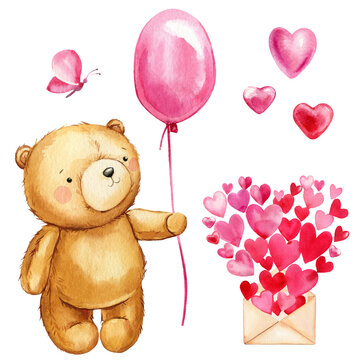 Bear with balloon, butterfly and valentine day letter, watercolor illustration isolated background. Envelope with hearts