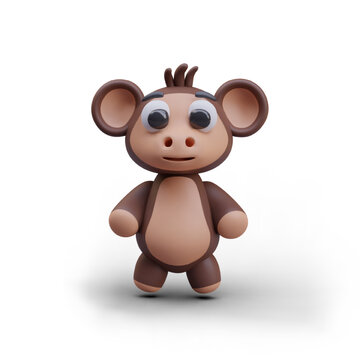Model of monkey. Front view on toy for kids. 3d decorative object. Concept of 3d animal. Vector illustration in 3d style with white background and shadow
