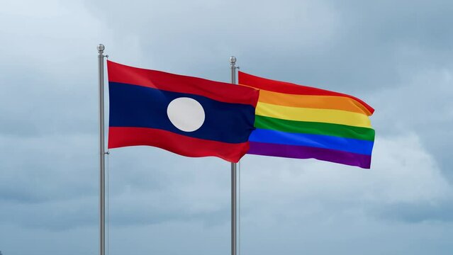 LGBT movement flag also Gay Pride and Laos flag waving cycle looped video, tolerance conception in country