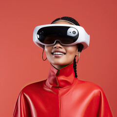 Portrait of a young woman wearing an extended reality, xr, headset isolated against a modern coral background. Shoot on the theme of augmented reality, virtual reality and mixed reality
