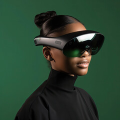 Side profile portrait of a black woman wearing an extended reality, xr, headset isolated against a modern green background. Shoot on the theme of augmented reality, virtual reality and mixed reality