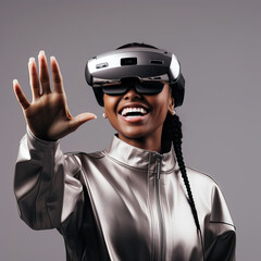 Black woman wearing an extended reality, xr, headset and raising hand in the air, isolated against a modern grey background. Shoot on the theme of augmented reality, virtual reality and mixed reality