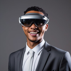 Businessman wearing an extended reality, xr, headset isolated against a modern background. Shoot on the theme of augmented reality, virtual reality and mixed reality