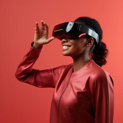 Black woman wearing an extended reality, xr, headset and raising hand in the air, isolated against a modern background. Shoot on the theme of augmented reality, virtual reality and mixed reality