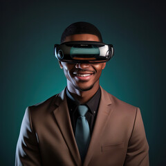 Businessman wearing an extended reality, xr, headset isolated against a modern green background. Shoot on the theme of augmented reality, virtual reality and mixed reality
