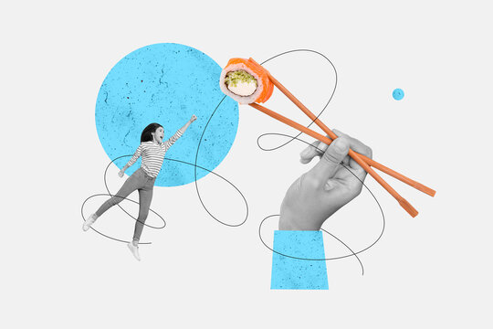Composite collage picture image of happy excited female flying superman sushi chopsticks eating food cafe surrealism metaphor psychedelic