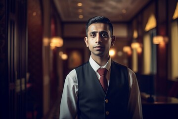 Charming indian hotel staff doorman. Service asian happy people gesture. Generate Ai - obrazy, fototapety, plakaty