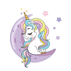 Cute magical unicorn on the Moon vector illustration