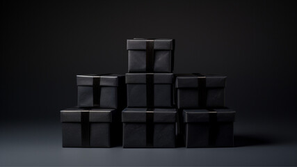 a photo real image of 4 little black boxes stacked sitting on a black background 