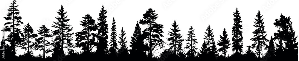 Aufkleber set of silhouettes featuring horizontal arrangements of coniferous spruce fir trees on a transparent