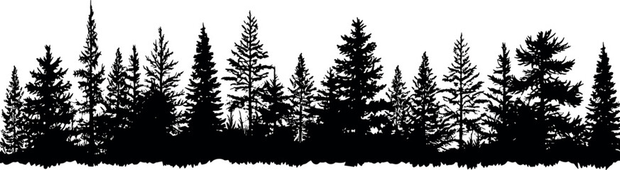 A set of coniferous fir trees silhouettes standing tall, creating a serene and majestic horizontal view. Generative AI - obrazy, fototapety, plakaty