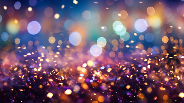 festive background image of blurred glitters, confetti,sparkles and purple colors for copy space © mimagephotos
