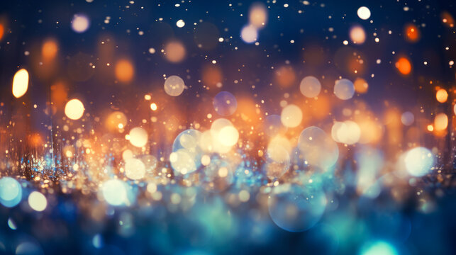 festive background image of blurred glitters, confetti,sparkles and blue gold colors for copy space