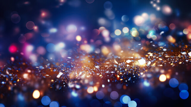 festive background image of blurred glitters, confetti, sparkles and purple colors for copy space