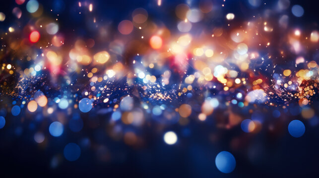 festive background image of blurred glitters, sparkles and purple gold colors for copy space