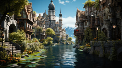A fairy-tale town on the water at the foot of the mountains - obrazy, fototapety, plakaty
