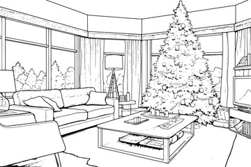 Vector line art of a Christmas interior, elegantly depicted in black and white, offering a festive ambiance, rich in holiday spirit. Generative AI