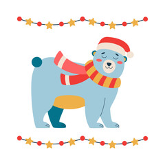 Set of Christmas bear with a red hat and scarf, frame with garland.