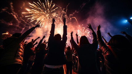 Fototapeta na wymiar Unity Under the Fireworks: Crowd Celebrating with Uplifted Hands