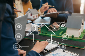 Real estate broker agent presenting and consult to customer to decision making sign insurance form agreement, home model, concerning mortgage loan offer in office.