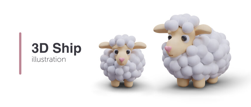 Poster with big and small sheep and place for text and shadow. Cute sheep toy for little children. Cartoon character design. Vector illustration in 3D style