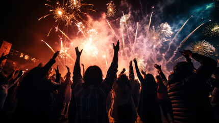Fototapeta na wymiar Sky High Celebrations: Silhouettes Against a Fireworks Spectacle