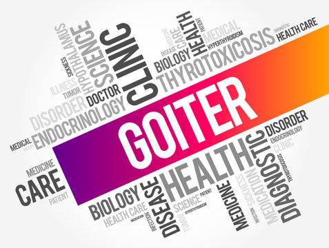 Goiter is a lump or swelling at the front of the neck caused by a swollen thyroid, word cloud text concept background