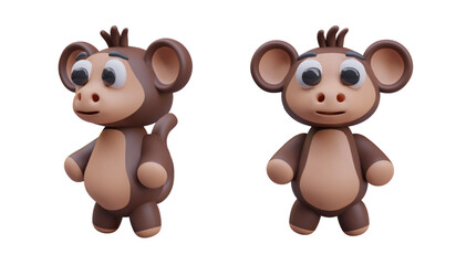 Collection with brown monkeys in different positions. Set of cartoon animal toy characters for store. Vector illustration in 3D style with white background