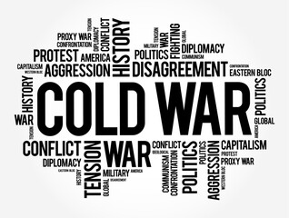 Cold War - period of geopolitical tension between the United States and the Soviet Union and their respective allies, word cloud concept background