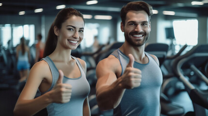 Fototapeta na wymiar Male fitness trainer and female client in fitness gym are giving thumbs up for symbol good health